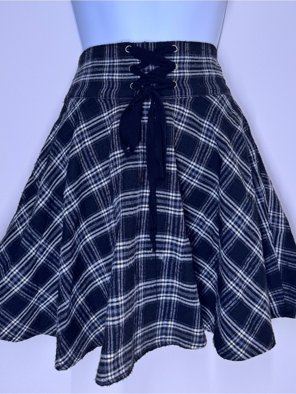Black Plaid Lace-Up High Waisted Skater Mini Skirt